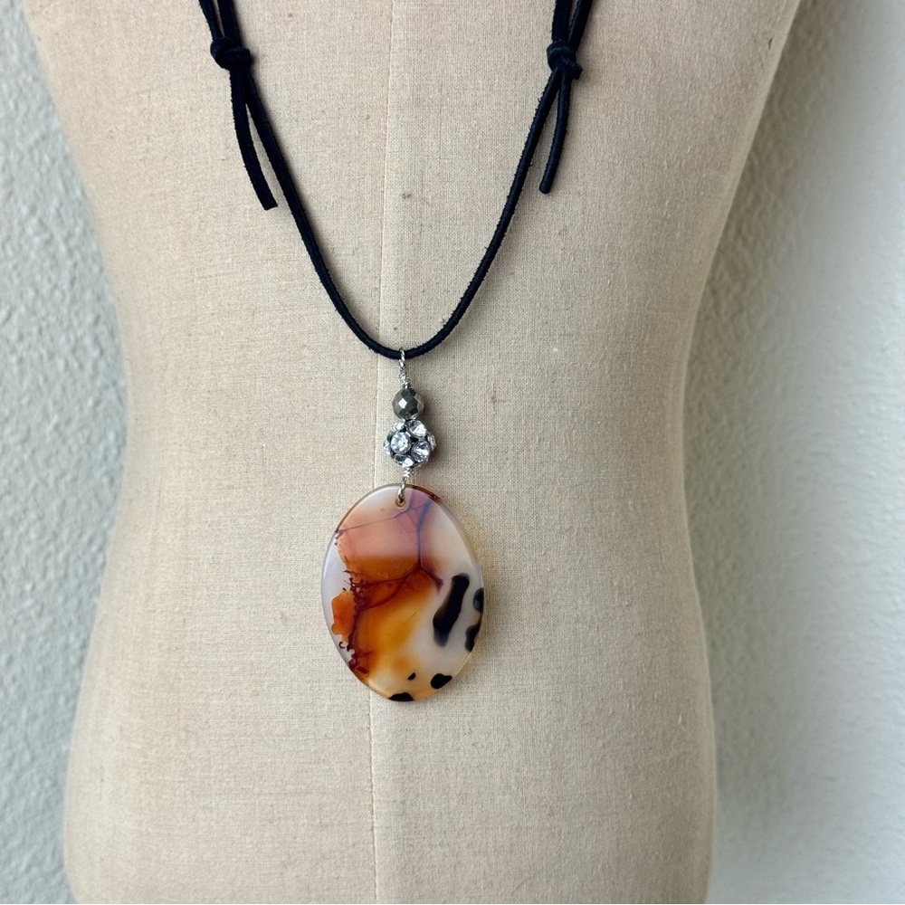 Tortoise Shell Agate Crystal and Pyrite Pendant on Leather Cord Necklace